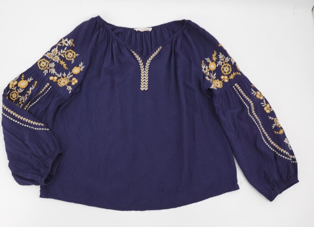 Solitaire Blouse Womens Purple Floral Embroidered Boho Peasant Whimsical